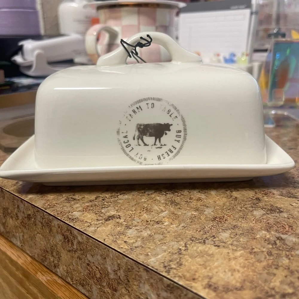 Creative Co-Op White Ceramic Butter Dish with Cow Design